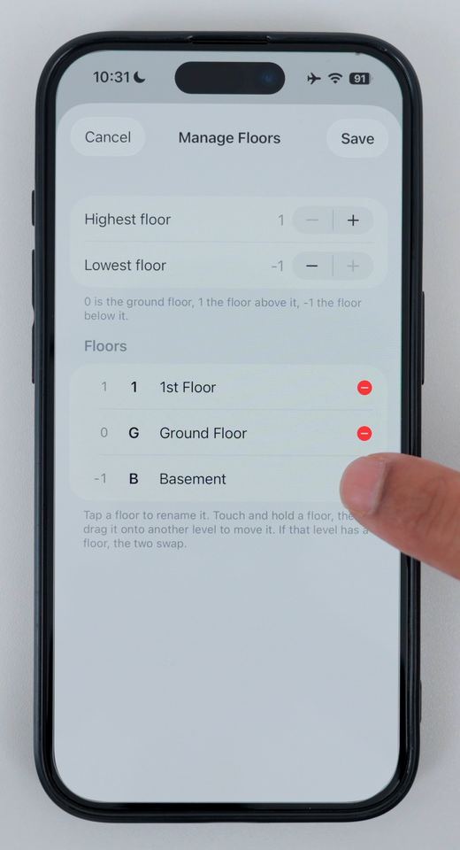 The Manage Floors screen in Clear Pano listing 1st Floor, Ground Floor and Basement