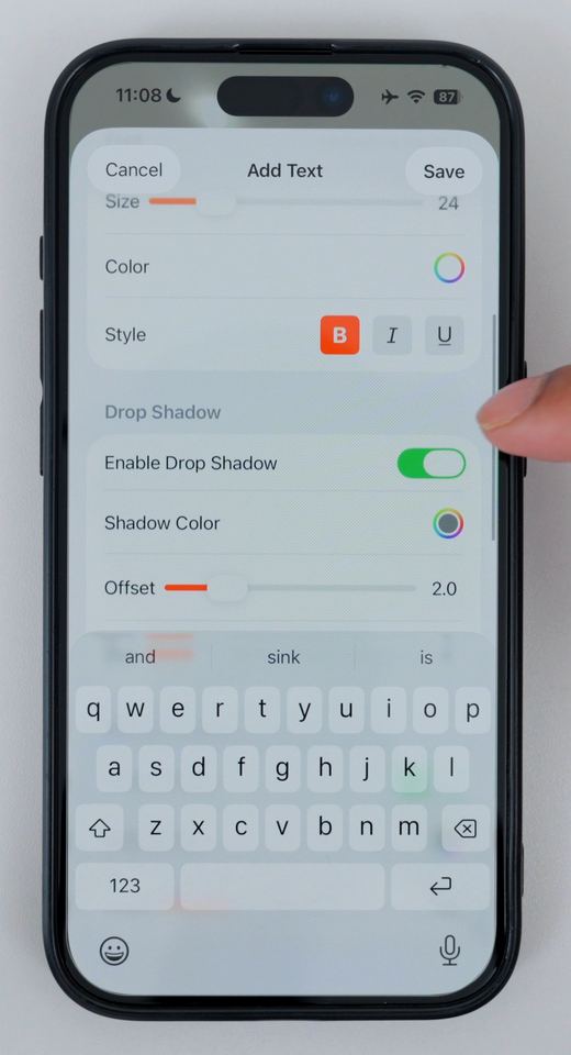The Add Text screen in Clear Pano with size, colour, style and drop shadow options